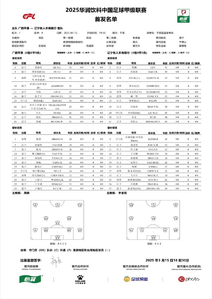  中甲-廣西平果vs遼寧鐵人首發(fā)：三外援對(duì)決三外援，安以恩出戰(zhàn)
