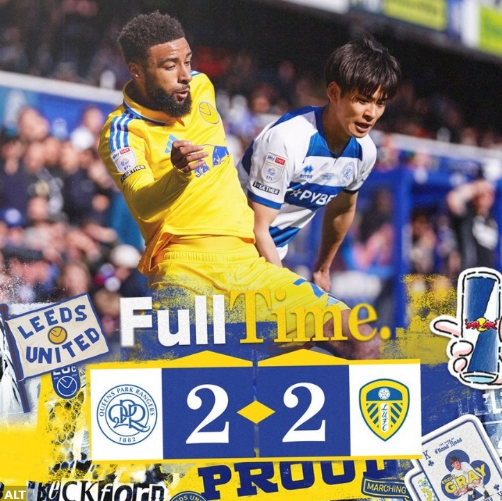 英冠榜首利茲聯(lián)連追兩球2-2戰(zhàn)平QPR，近4輪僅1勝領(lǐng)先優(yōu)勢縮小