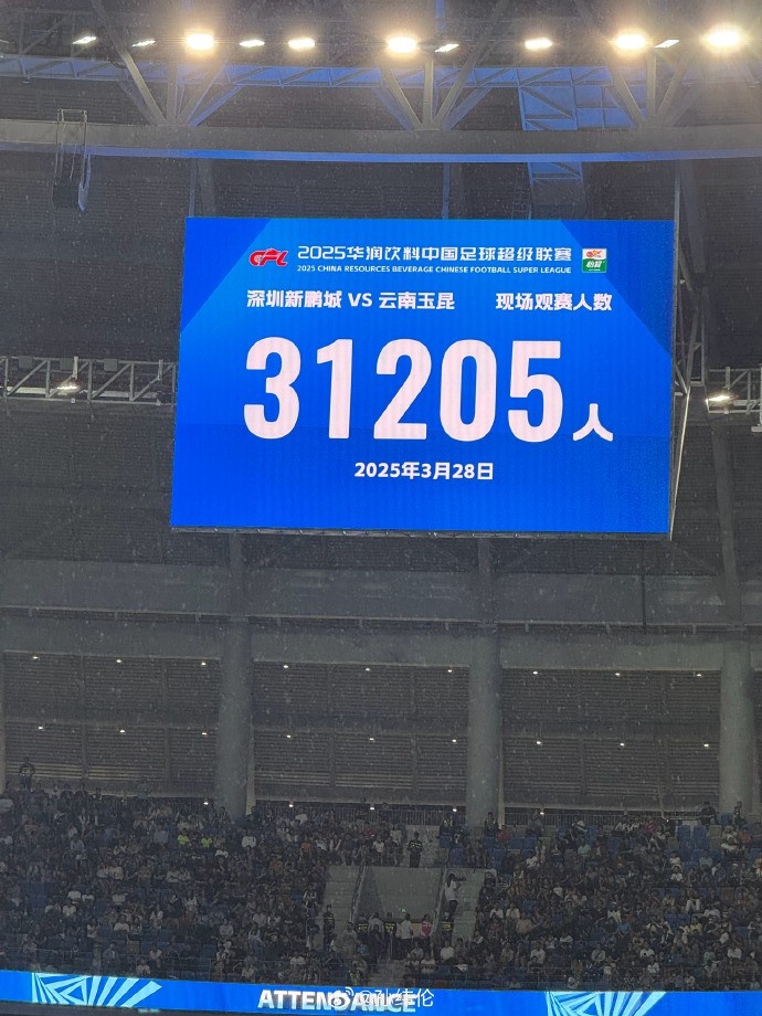  新鵬城新賽季首個(gè)主場(chǎng)現(xiàn)場(chǎng)觀眾31205人，為隊(duì)史最高上座人數(shù)